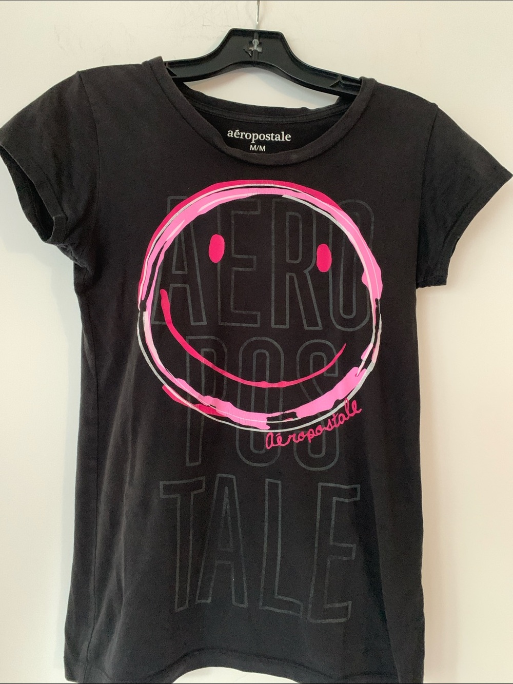 Aeropostale Black Tee with Pink Smiley Graphic